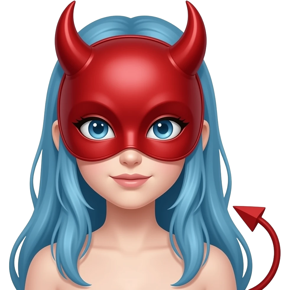 a long blue haired white skin girl with red devil mask and devil horns emoji