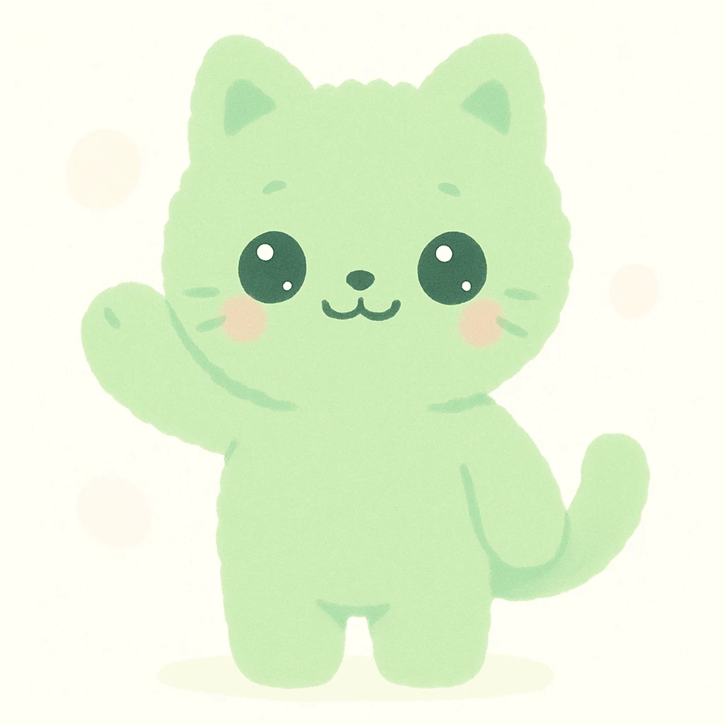 green fuzzy cute cat, standing, waving paw, sparkling eyes, plush toy look, clean background emoji