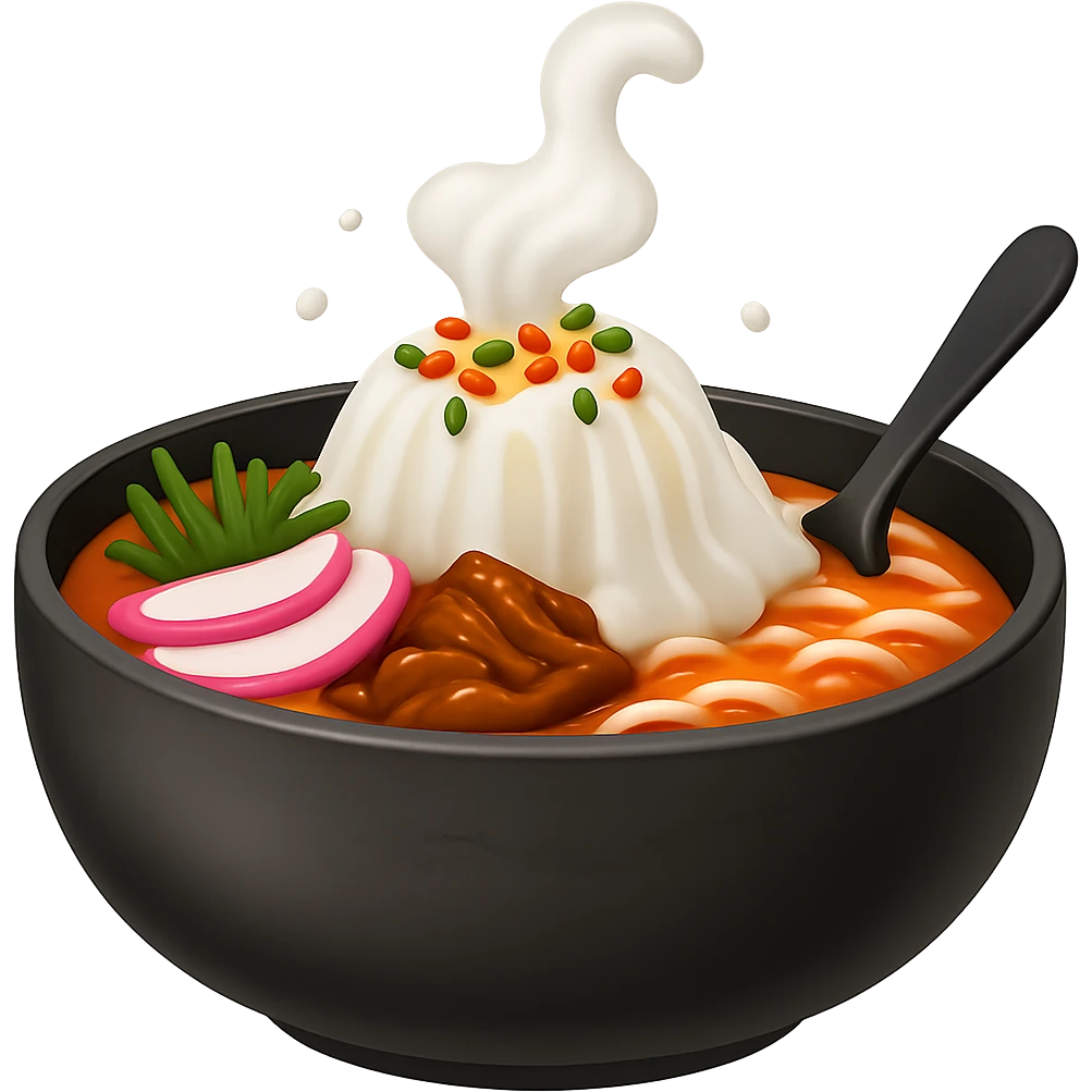 Remove the egg from the sundae gukbap, keep the rest of the ingredients and the steaming soup in the earthenware pot. The style is Apple emoji style with no background. emoji