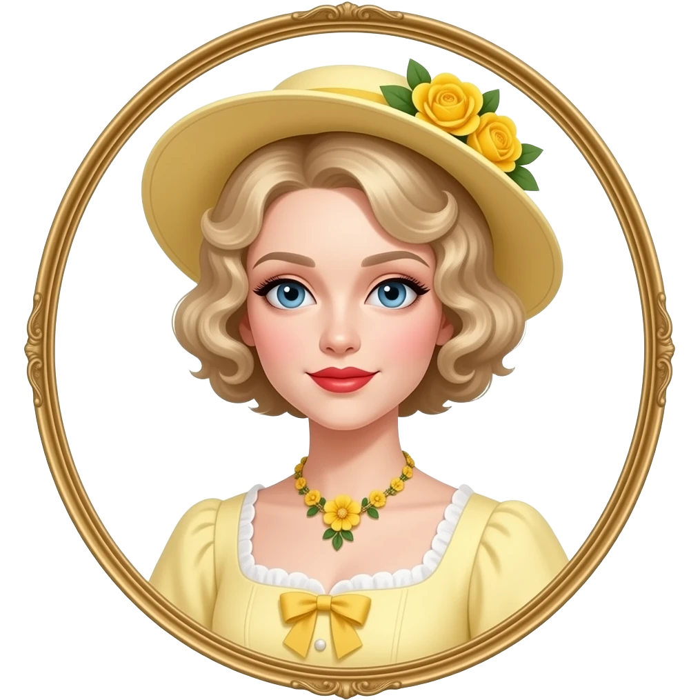 Victorian look with blonde short tight curls bob hair side swept in a light yellow Victorian dress, antique yellow flowers necklace and light yellow Victorian hat with flowers, red lipstick and antique gold frame emoji