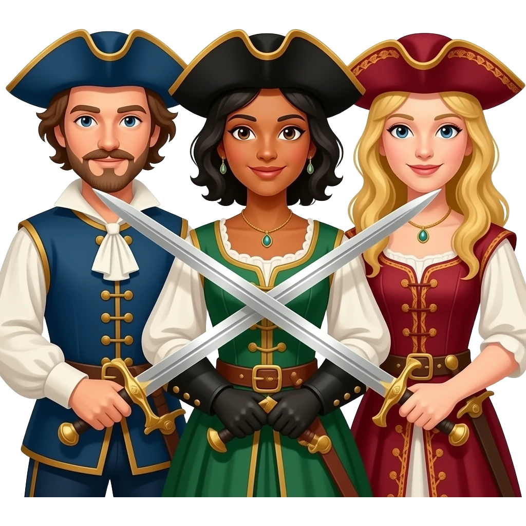 Three musketeers. One guy with brown hair, one girl with black hair and one girl with blond hair. They cross swords and they wear hats. "All for one and one for all" posture. emoji