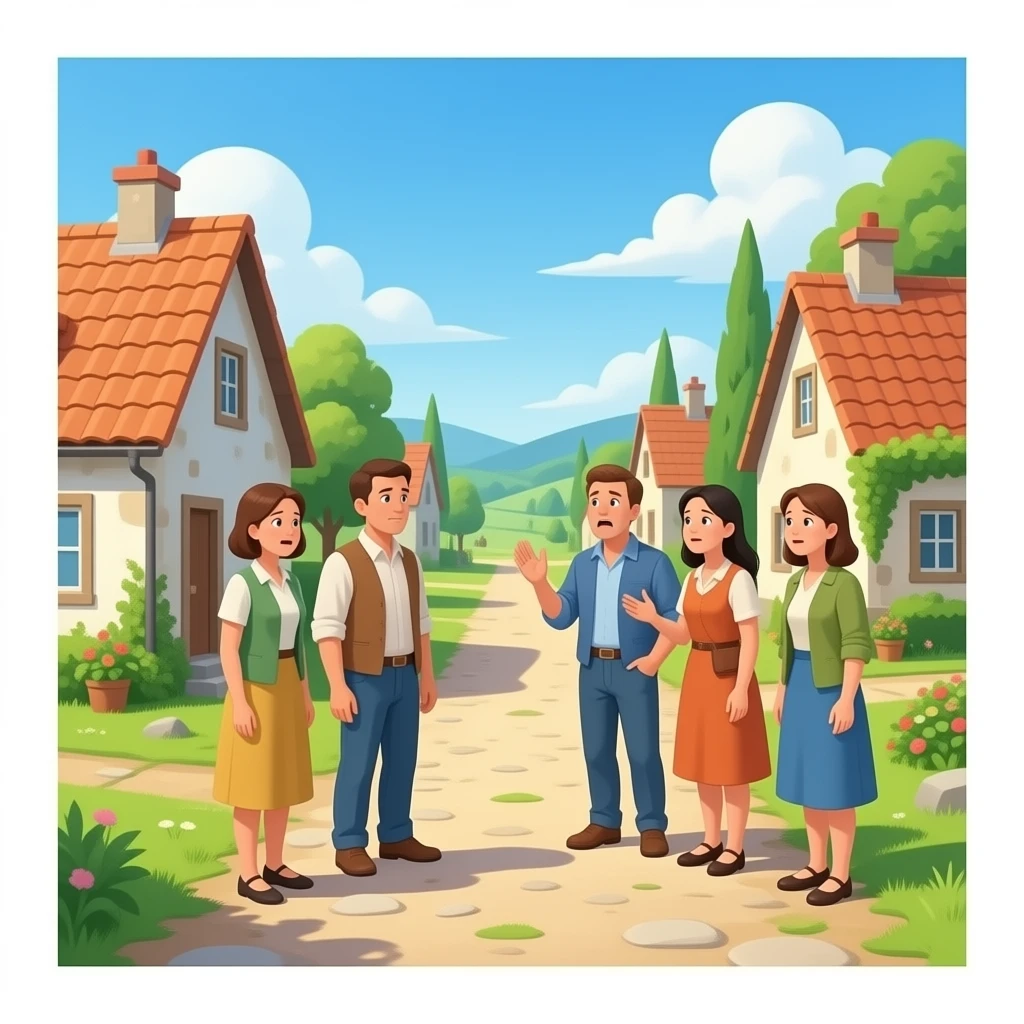 quiero un pueblo que salgan personas hablando entre ellas y una de ellaseste asustada y que sea realista emoji