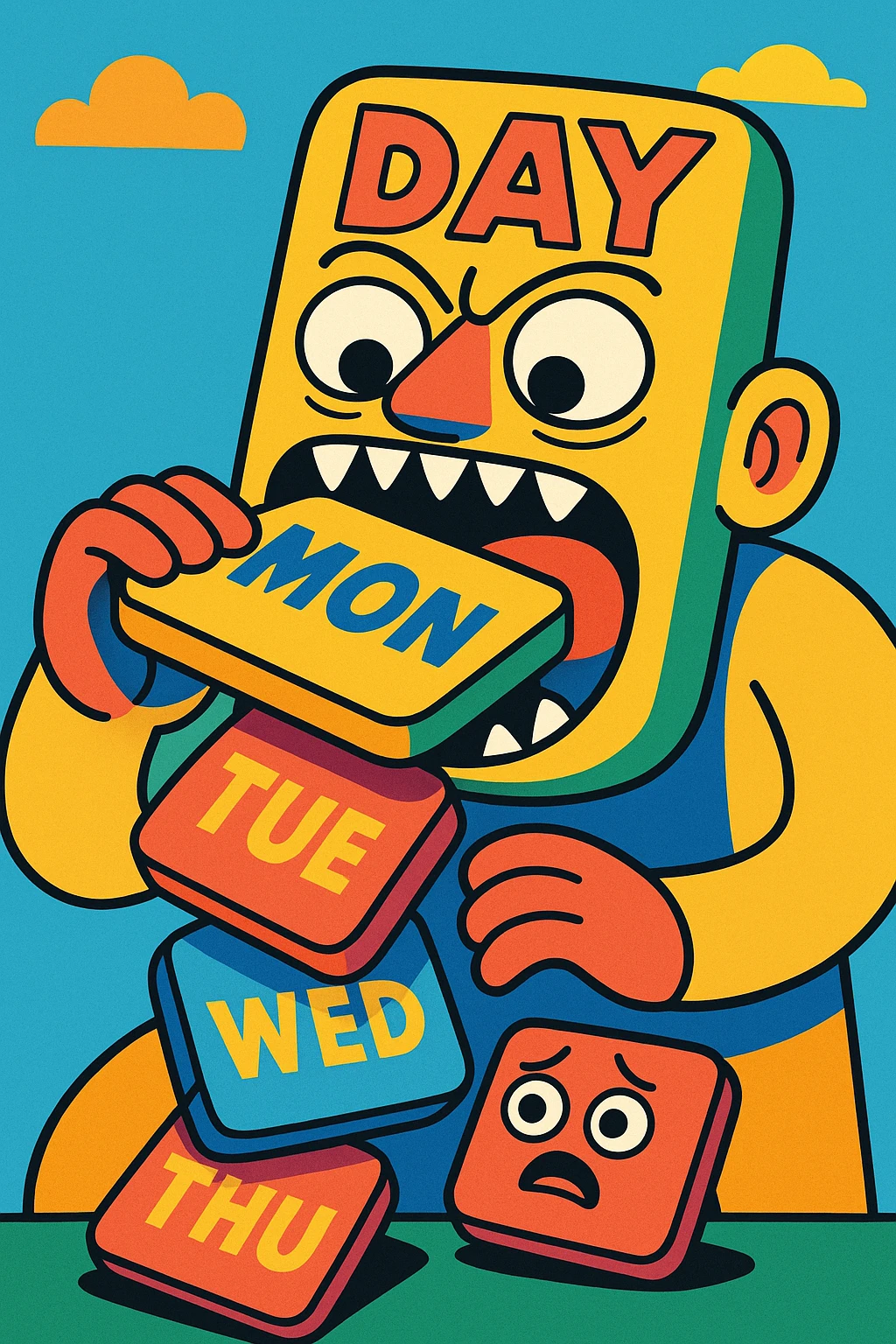 A surreal image of a day eating all the previous days. The day is depicted as a colorful, cartoonish character with a big mouth, consuming smaller representations of past days. emoji