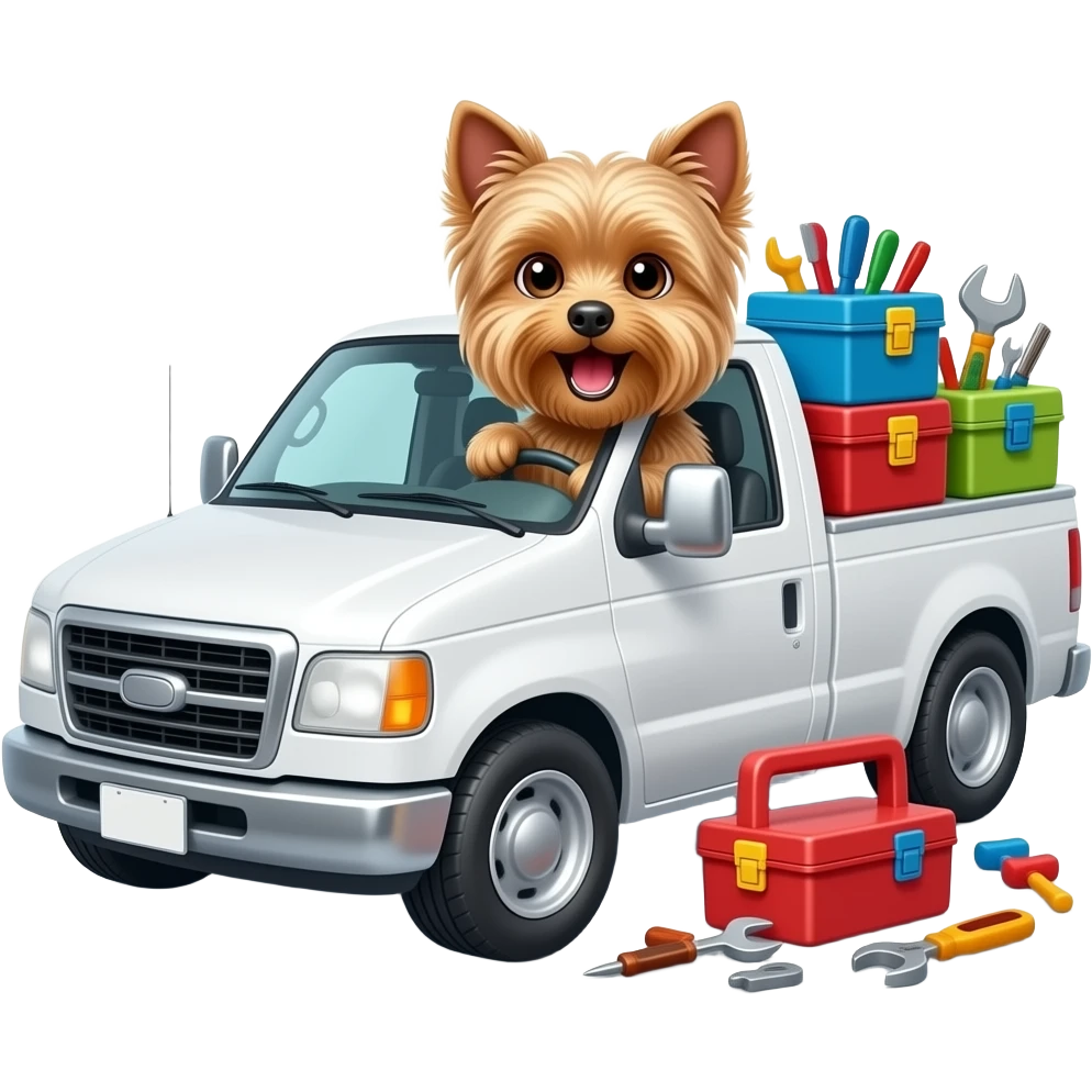Yorkie dog mouth open sitting in a white truck surrounded by tool boxes and tools emoji