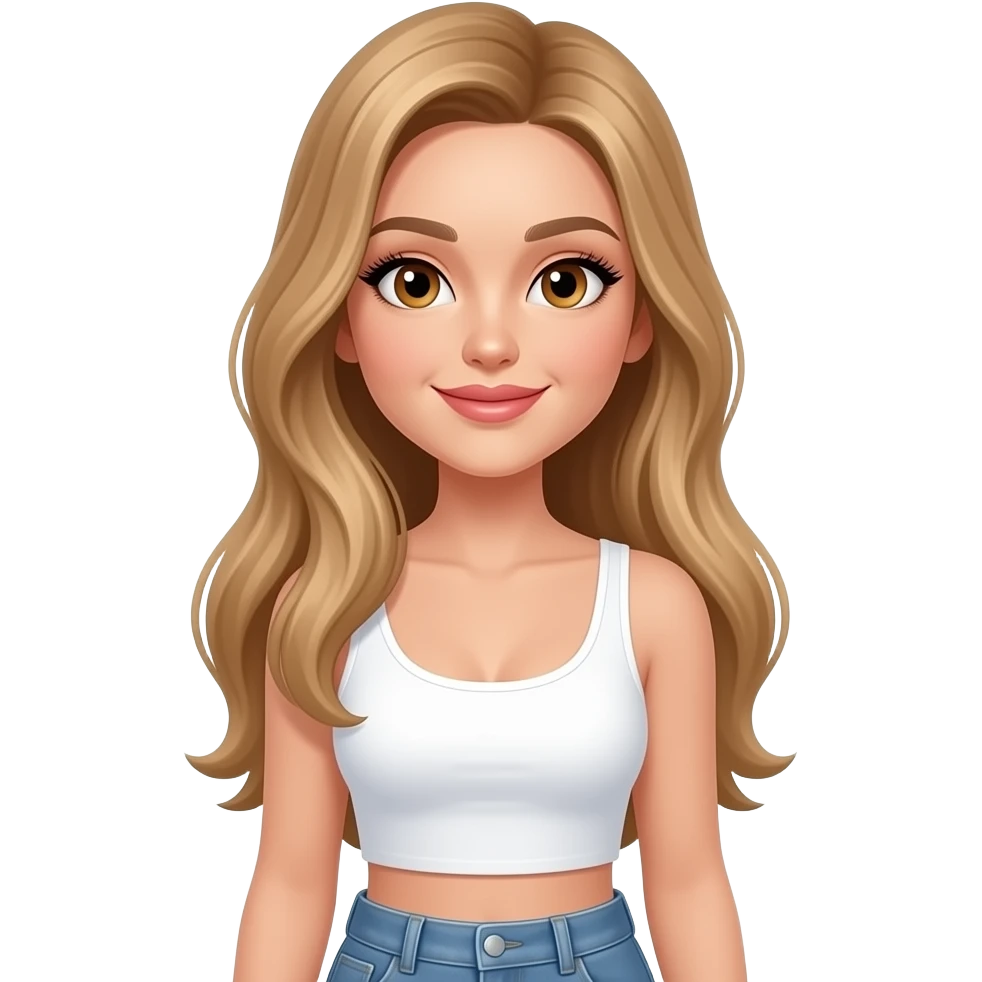 Woman with an oval face, light tan glowing skin, large almond-shaped hazel eyes with long lashes, light full arched eyebrows, straight slim nose, full lips, long light blondish brown smooth hair, symmetrical model-like face, elegant sexy and soft smile . Wearing white Crop top and jeans emoji