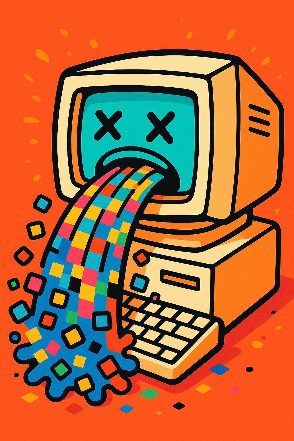 old computer monitor vomiting colorful pixels, vibrant cartoon style emoji