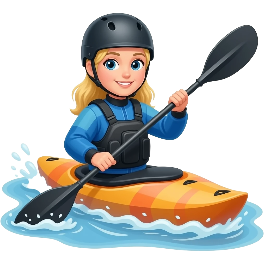 Female whitewater kayaker with blond hair, blue cagoule and black helmet emoji
