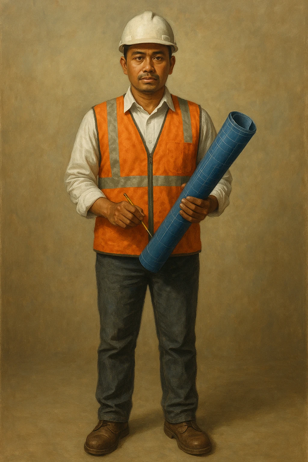Сгенерируй мне в стиле реалистичной живописи на однородном фоне инженера индонезийской внешности, он в каске и строительном жилете. Он одет опрятно и чисто. В полный рост. Он стоит с чертежом синим и карандошем в руках emoji