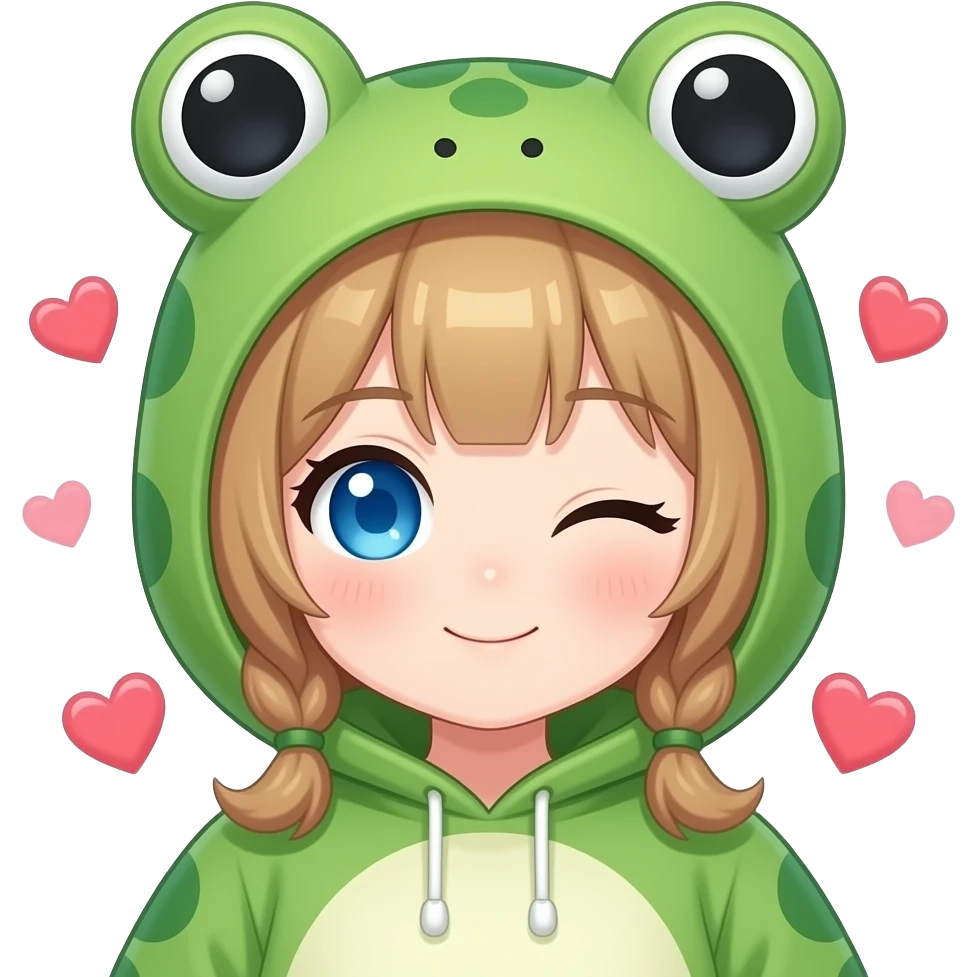 Anime girl with blue eyes, wearing a kawaii frog costume on, Winking, with hearts around the head emoji