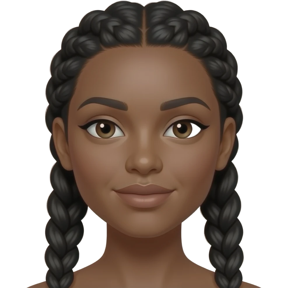 Dark-skinned woman with smooth skin, full lips, almond-shaped eyes, slightly hooded eyelids, defined natural brows, small rounded nose, soft cheek structure, oval-round face, neat small braids with curly ends framing the face. emoji