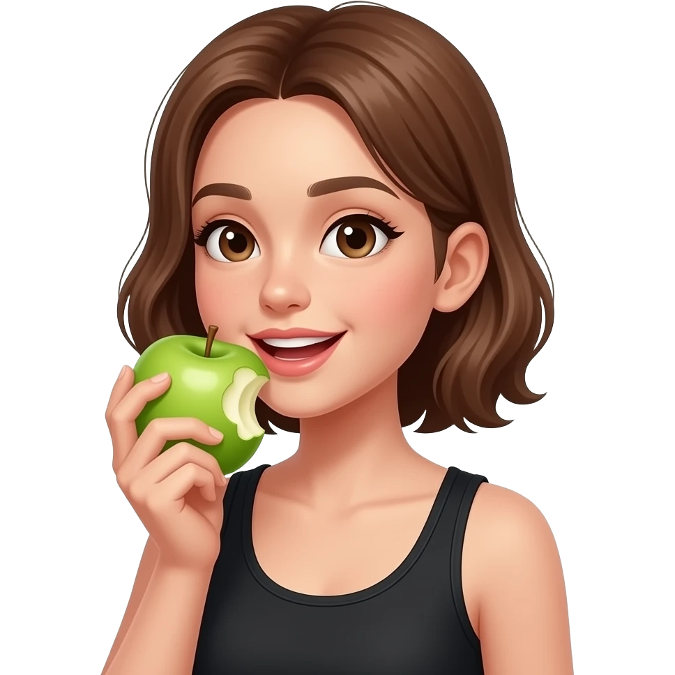 Cartoon 2d girl in black tank top hold an apple chewing a bitten apple emoji