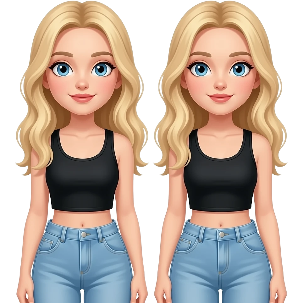 twins blonde hair and light blue eyes wearing a black crop top and light blue baggy jeans emoji