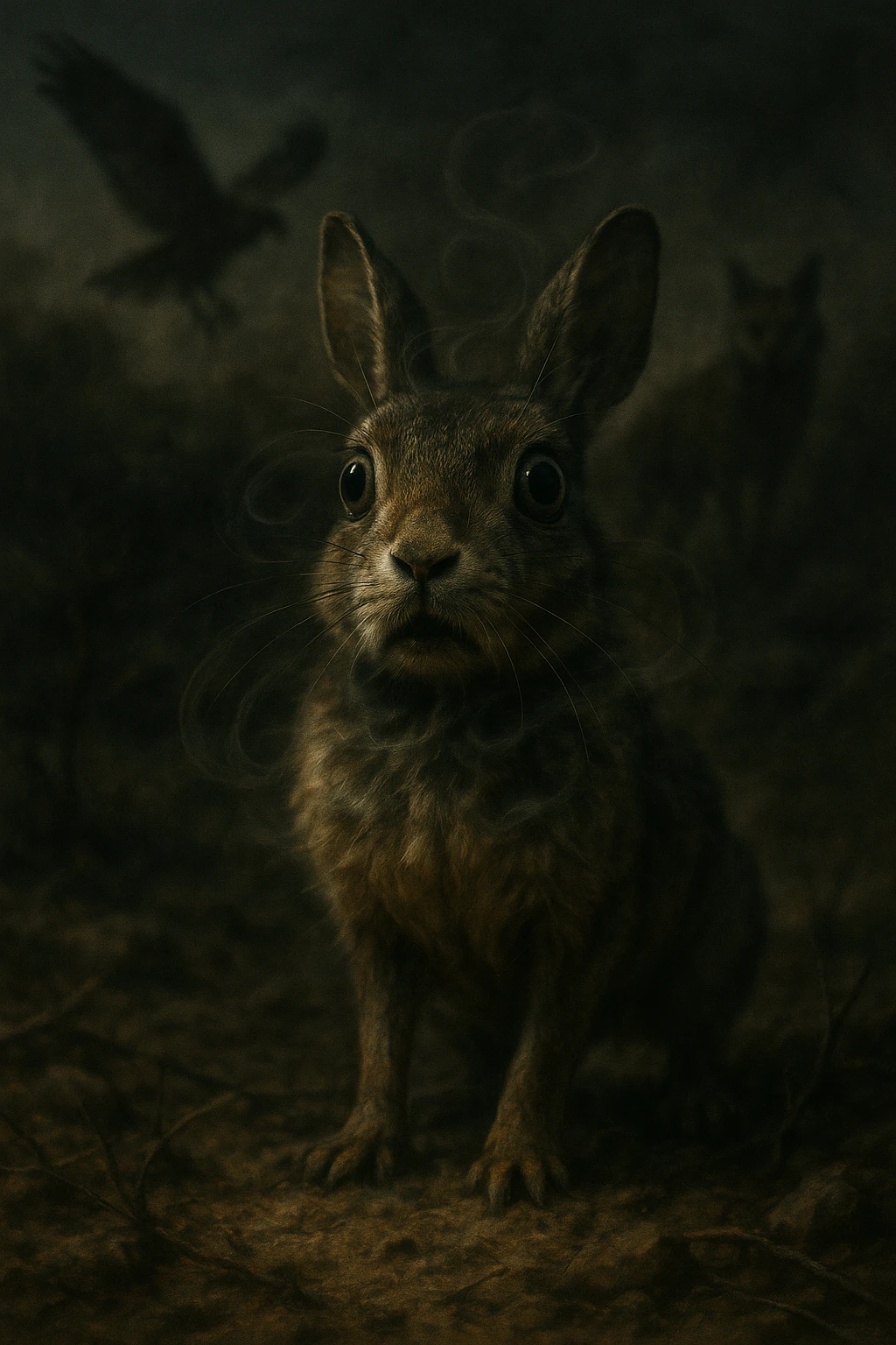 A hyperrealistic, cinematic illustration of a small wild animal, such as a rabbit or a meerkat, with wide, alert eyes and tense body posture, standing in a dry, rugged environment with predators lurking in the shadows. The animal's chest is visibly rising and falling rapidly, representing short, shallow breathing due to constant fear and vigilance. The background is dimly lit, with faint shadows of predators like hawks or foxes barely visible, symbolizing the ever-present threat. Around the animal, subtle visual representations of tension and stress appear as tight, dark rings or smoke near its chest and head, while the environment feels heavy and oppressive. The color palette is muted earth tones, with sharp focus on the animal’s tense face and rapidly moving chest, while the environment around is slightly blurred, emphasizing the feeling of isolation and perpetual fear. The style is 35mm film hyperrealistic with a storytelling, National Geographic documentary aesthetic, capturing the concept of an animal constantly living in fight-or-flight, breathing fast and shallow to survive emoji