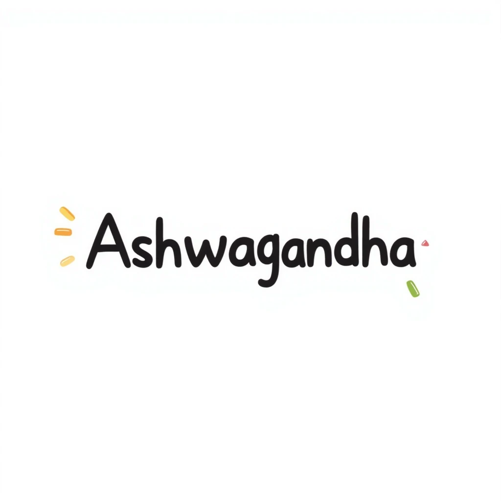 The word "Ashwagandha" hand-drawn in a simple style with minimal colors. The text should be clean and readable with just a few essential color accents. emoji