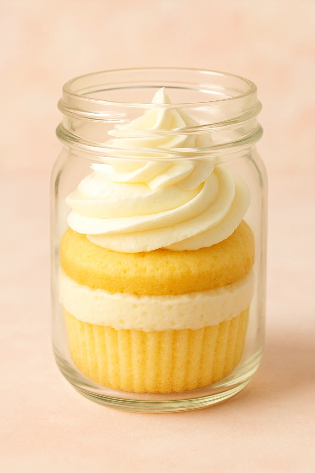 a vanilla cupcake in a transparent jar, layered look, light yellow cake, white frosting, playful and sweet emoji