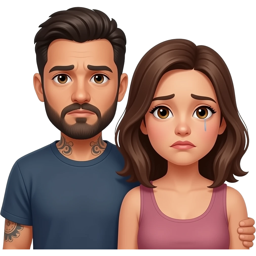 A really, really sad Latino couple man has a beard, medium hair and tattoos and his wife is beautiful with hazel eyes and shoulder length brown hair and their relationship is broken emoji