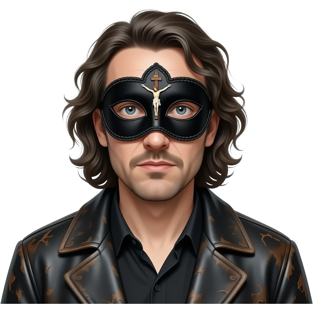 Joel-Peter Witkin, at a 45 degree angle portrait, a small black Venetian Masquerade mask with a crucified Christ over his eyes: the miniature body of Jesus is sewn onto the black track between the eyes of the portraited person, wearing a worn leather coat, unshaven and very disheveled long hair emoji