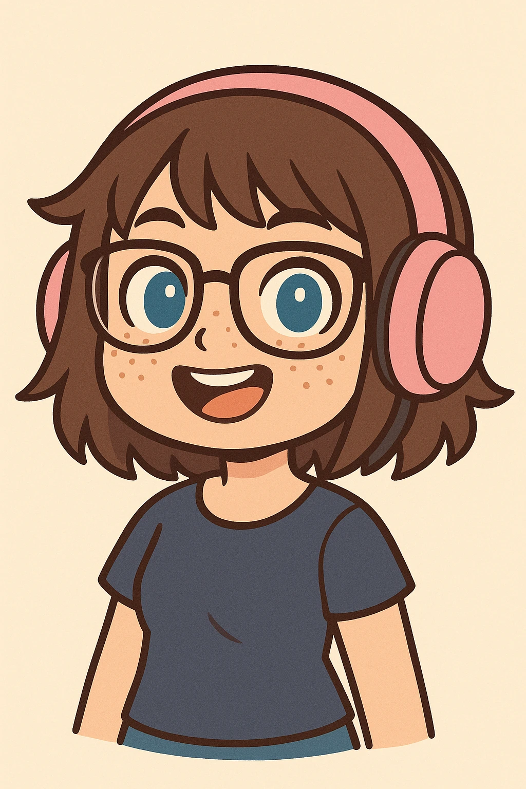 chibi woman with shoulder length choppy brown hair, pink gaming headset, freckles, glasses, and blue eyes emoji