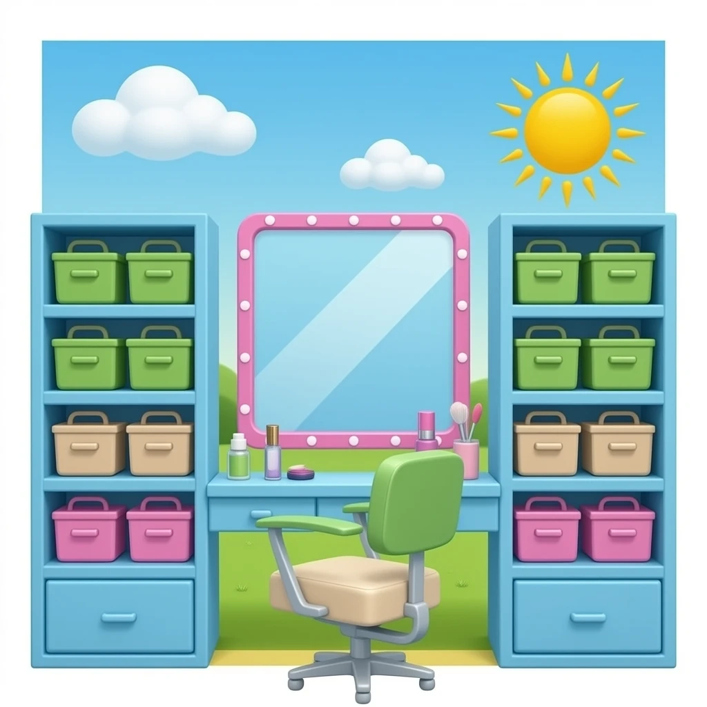 blue green Storage shelves on salon beauty inspired by Barbie colour pallete emoji