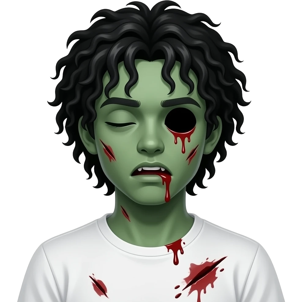 dark green skin zombie, black long curly 3c type hair hanging over forehead , mouth slightly open with blood leaking out of mouth, wounds and on zombie, white regular tee shirt, a young teenager, no wrinkles on face at all, eyes blacked out all the way with one eye shut, bloody cuts, one eye shut emoji