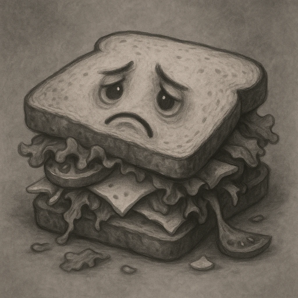 a sandwich with a downturned mouth, sad eyes, ingredients falling out, grayish palette emoji