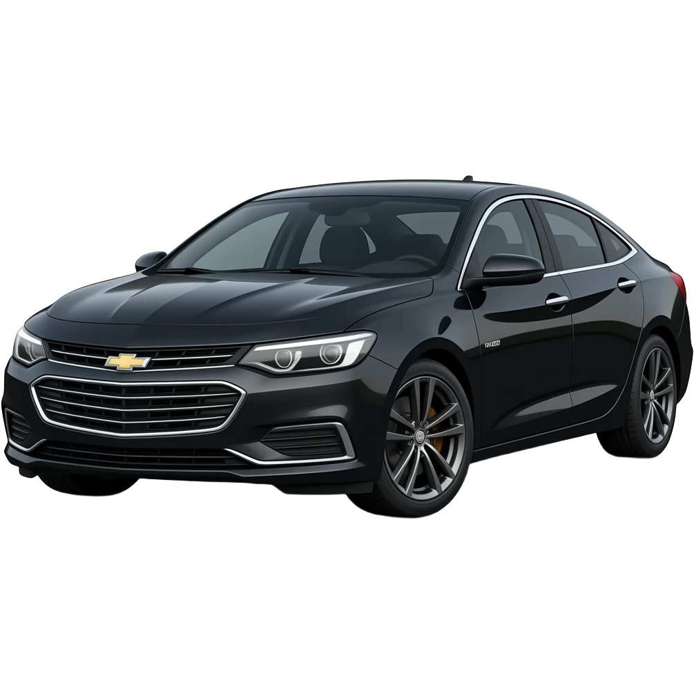 A realistic, high-detail photograph of a glossy black Chevrolet Malibu 2 Turbo Premier sedan with tinted windows, headlights on the front and black alloy rims. emoji