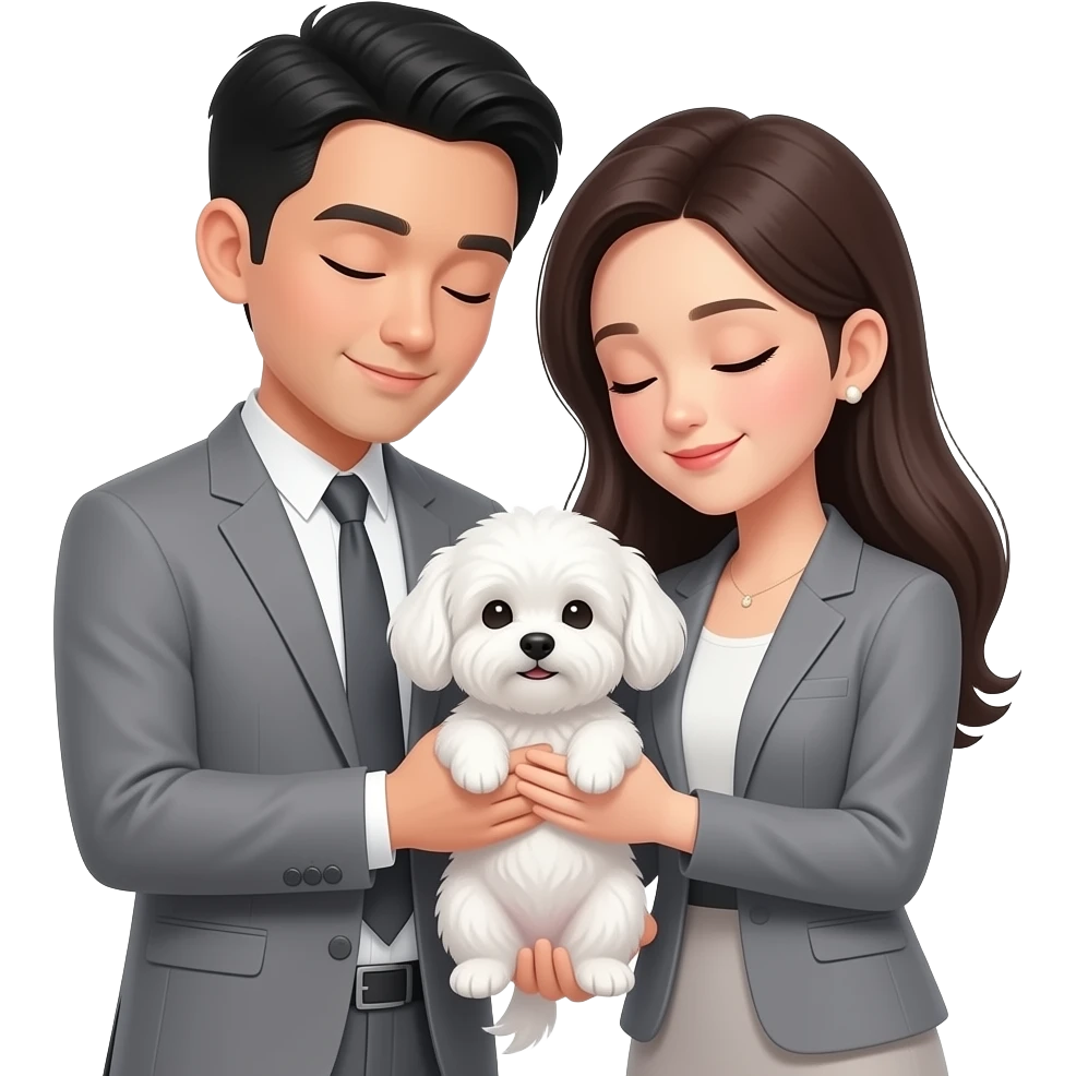 A fashionably dressed Asian couple in shades of grey, depicting a moment of shared peace as they hold a small white Maltese with both arms; with eyes closed in contentment, the couple and the puppy are tilting their heads toward each other to create a balanced, heartwarming scene. emoji
