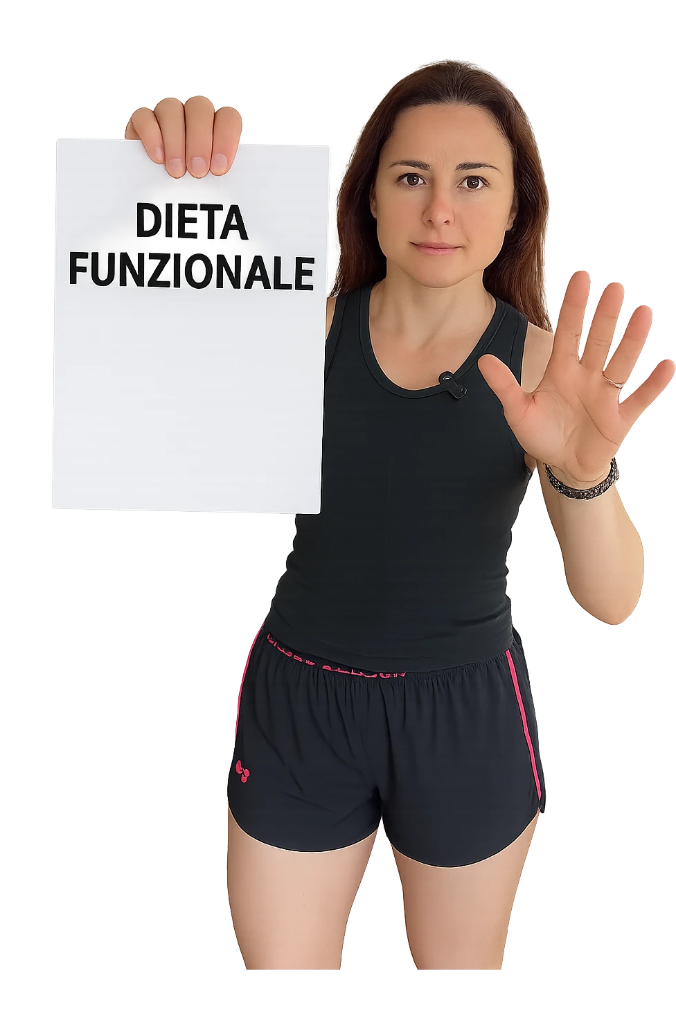 Donna con in mano una dieta con scritto "Dieta Funzionale" emoji