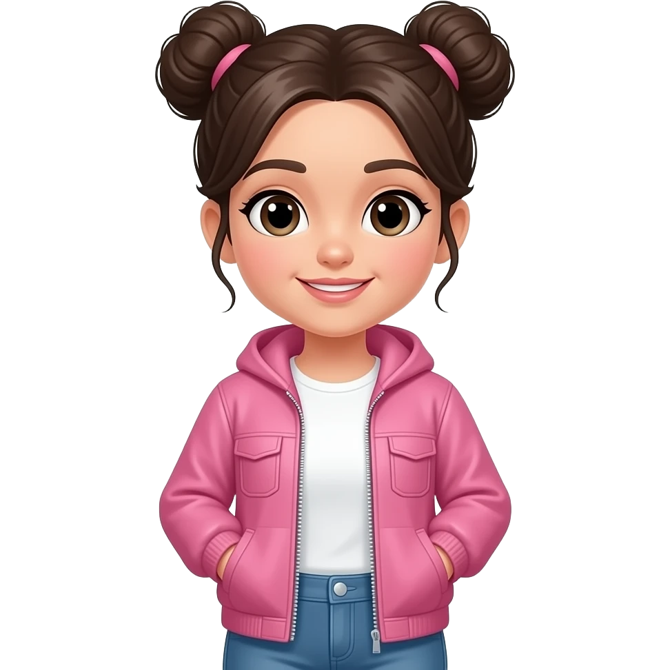 A girl is standing wearing a white shirt and jeans And wearing a pink jacket, her hair tied in two buns emoji