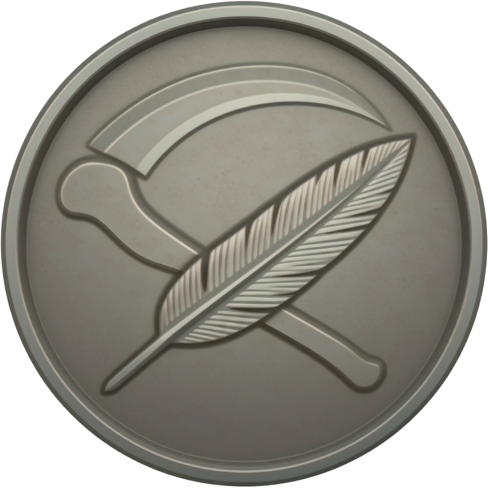 An aged-metal coin, deep-stamped with a stylized, etched scythe and skeletal quill. emoji