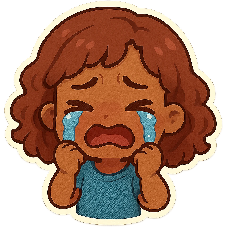 brown-skinned girl with shoulder-length curly reddish hair, crying, chibi stickers style emoji