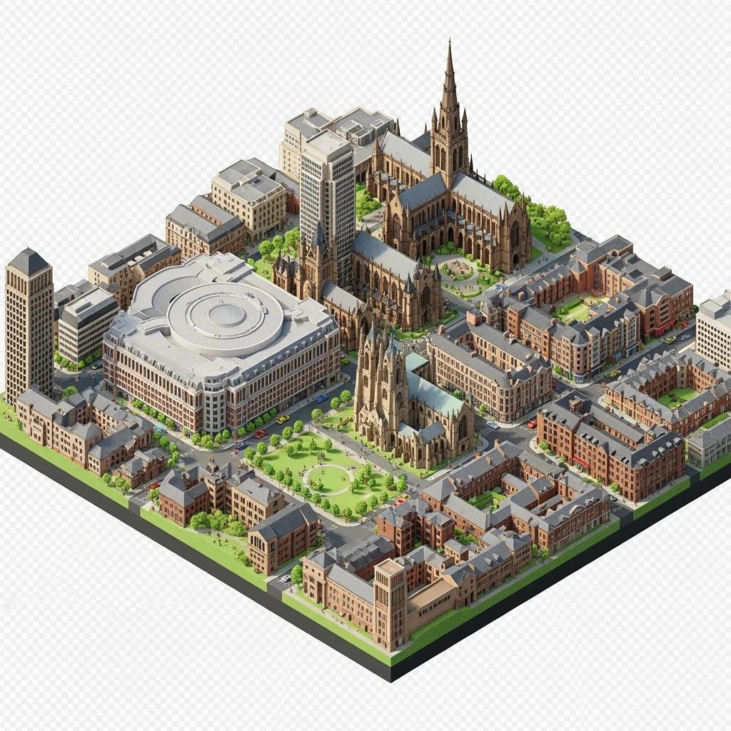 Isometric illustration-model of Birmingham with photorealistic main attractions, balanced between stylized and realistic, 3D miniature effect, transparent background. emoji