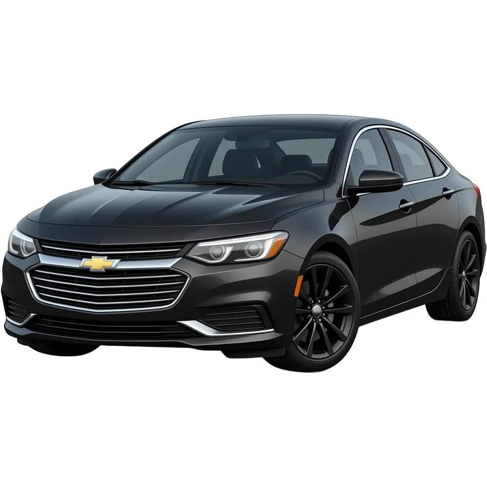 A realistic, high-detail photograph of a glossy black Chevrolet Malibu 2 Turbo Premier sedan with tinted windows and black alloy rims, bright LED headlight balls emitting a dinamic brighting glowing effect emoji