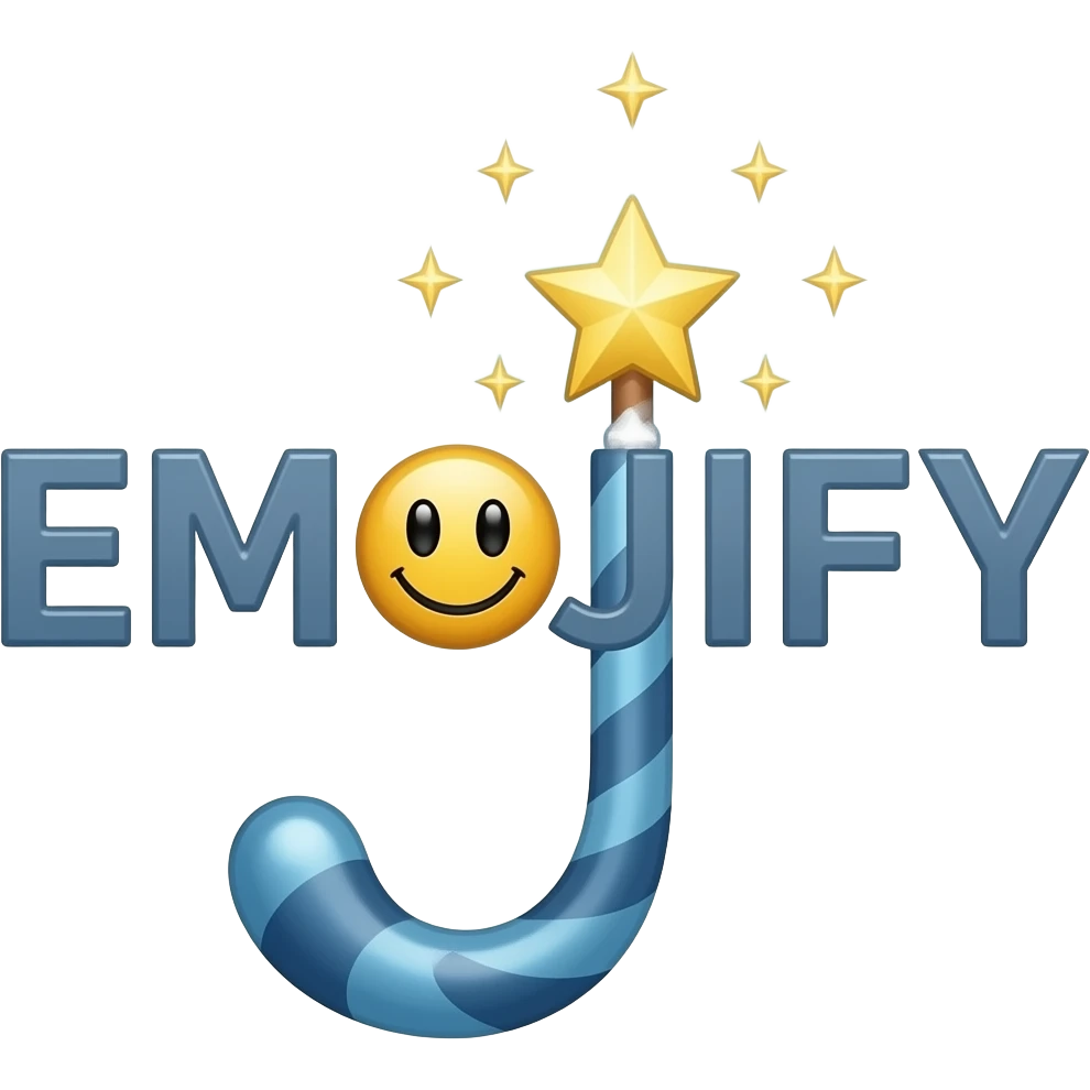 Text "EMOJIFY" is stretched in height and width. Letter "J" in the form of a magic wand with a smiley face on the end. emoji