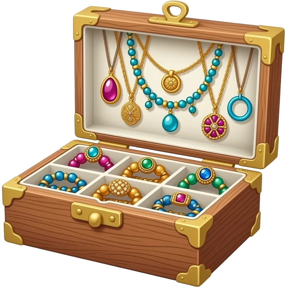 In a delicate little box, there are many necklaces, rings and bracelets. emoji