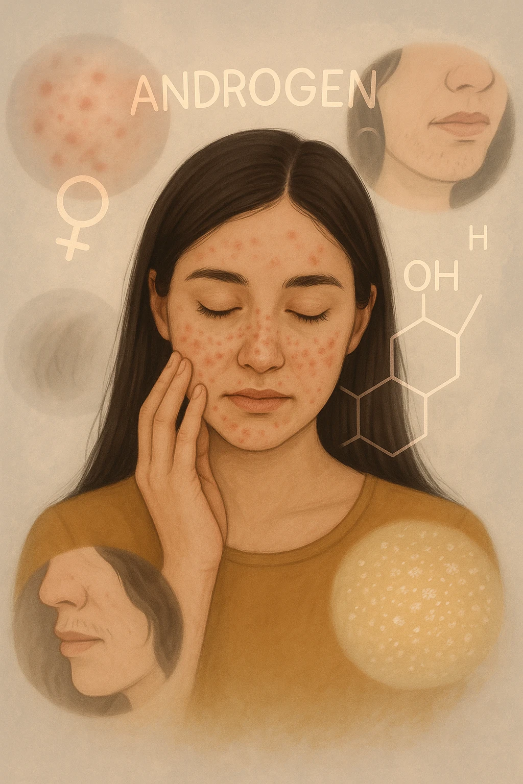 A young woman is surrounded by faint overlays of hormonal symbols and androgen molecules, with shadowy images of acne, facial hair, and oily skin projected around her, symbolizing the symptoms of PCOS with androgen excess. She looks down, gently touching her face with a resigned but hopeful expression, symbolizing her journey toward managing these symptoms. in italiano emoji