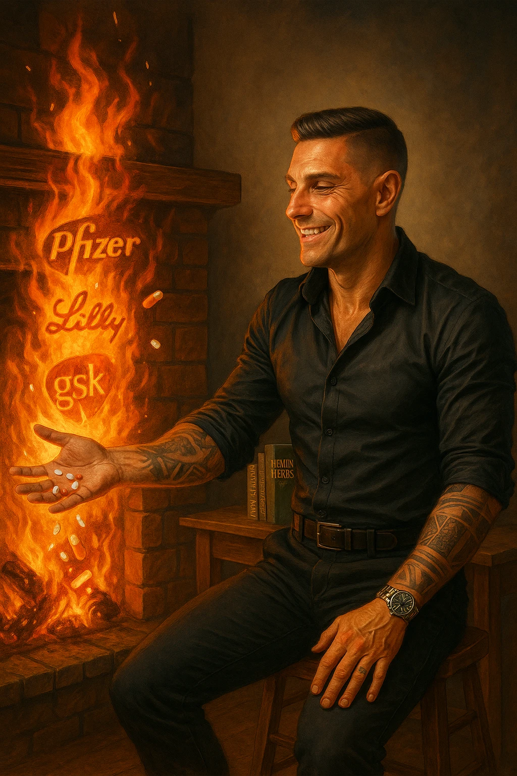 Enlightened man throwing antidepressant pills into fireplace, flames consuming what he sees as chemical poison, expression of liberation from psychiatric medication, Big Pharma logos melting in the fire, natural healing books spread on table behind him, pharmaceutical slavery being broken through pill destruction, mental clarity returning as drugs burn emoji