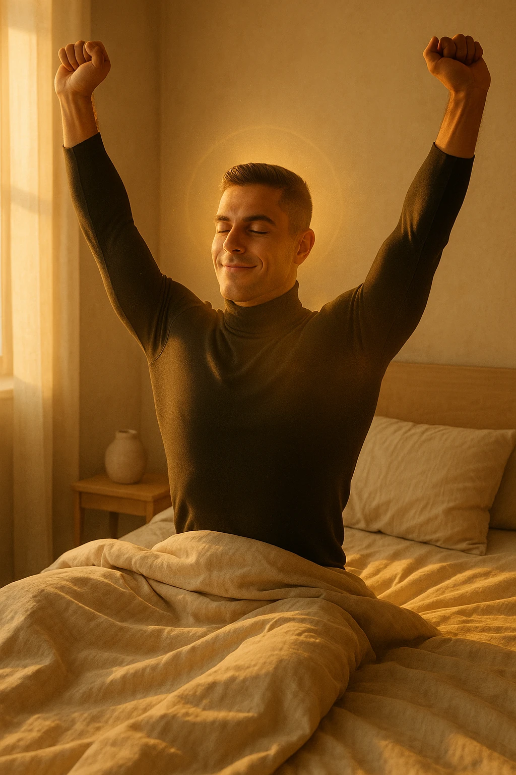 A cinematic photo of a man stretching in bed just after waking up, the morning sunlight flooding the room. His skin glows slightly, expression rested and serene. Muscles subtly defined, energy flowing through his posture. The air is filled with a golden calm. A symbolic glow surrounds his head and chest, representing mental clarity and physical recovery. The scene is clean, natural, minimalist. Rich in textures and realistic warmth. emoji