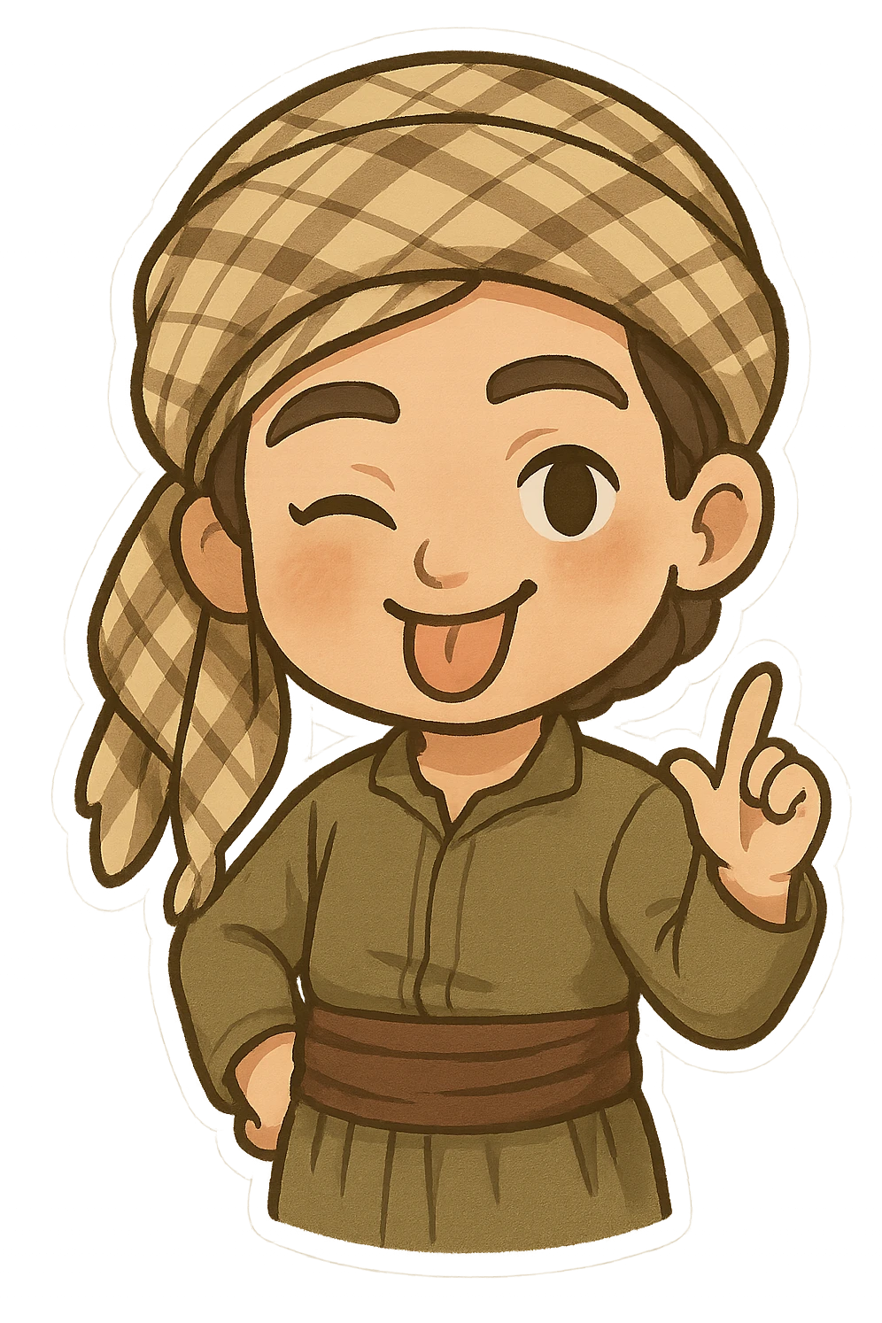 Kurdish man or woman in jamadani, cartoon style, playful teasing gesture, sticking out tongue or winking, no text emoji