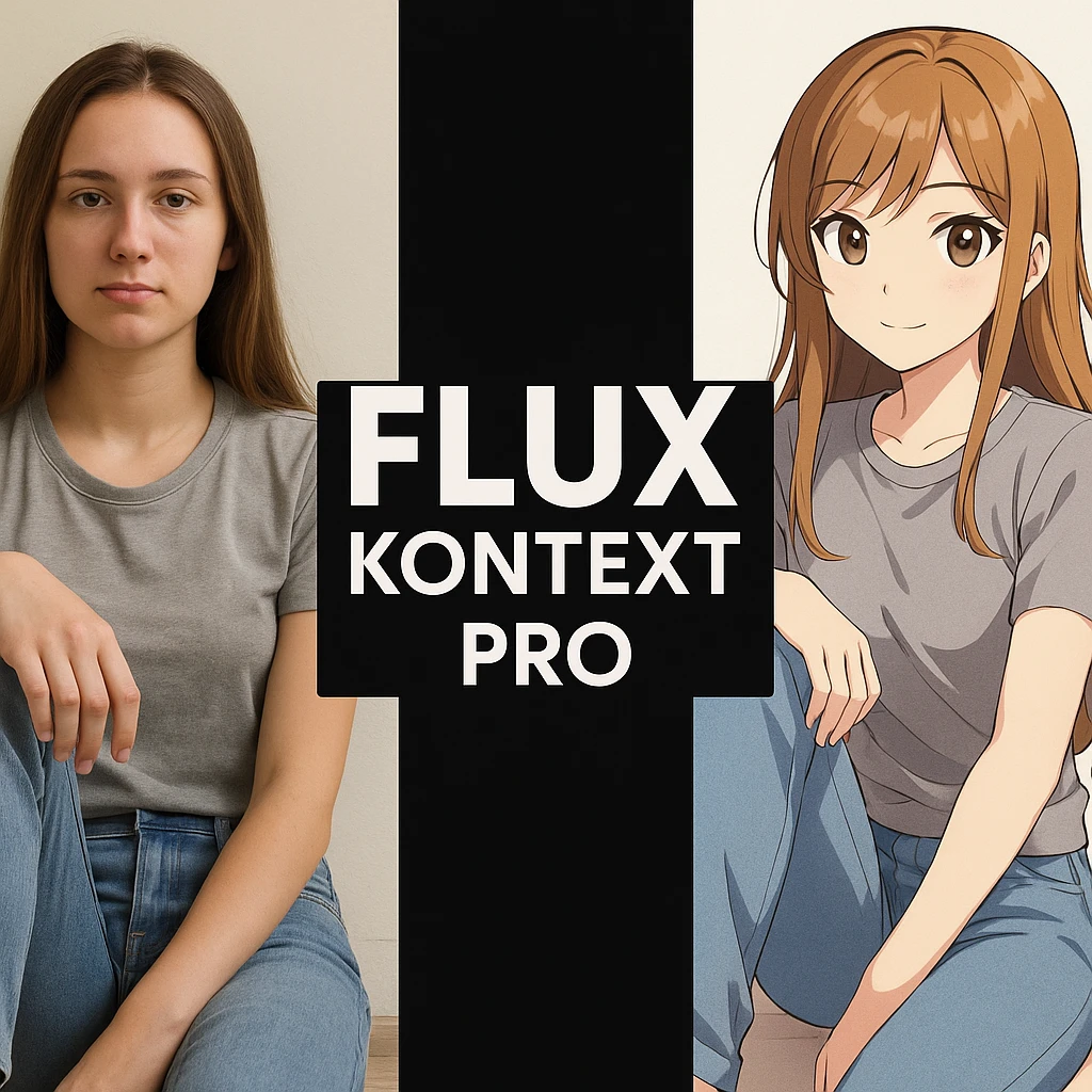 create before after image of a girl before is realsitic photo, after is anime version of her in same pose and clothes, add logo with text of a "FLUX Kontext Pro" in middle in big, black background emoji