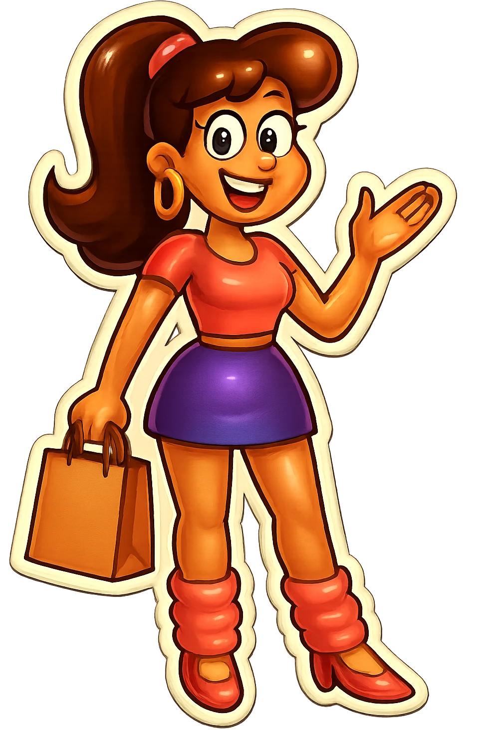 Change the hair color to brunette while keeping the valley girl holding a shopping bag, crop top, miniskirt, leg warmers, and bubbly smile. emoji