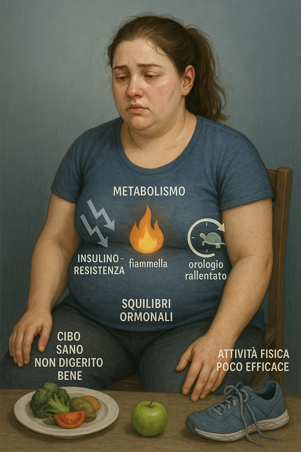 Donna tra i 25 e i 35 anni con fisico leggermente gonfio e postura affaticata, seduta con sguardo stanco. In trasparenza sul suo corpo, si vedono elementi simbolici: una fiamma metabolica molto piccola nel centro dell’addome, una tartaruga accanto a un simbolo di orologio rallentato, indicatori visivi di insulino-resistenza e squilibri ormonali. Intorno a lei: cibo sano non digerito bene, attività fisica poco efficace. Colori spenti attorno al corpo, con toni freddi e lentezza visiva. Stile realistico con elementi infografici e simbolici integrati IN ITALIANO emoji