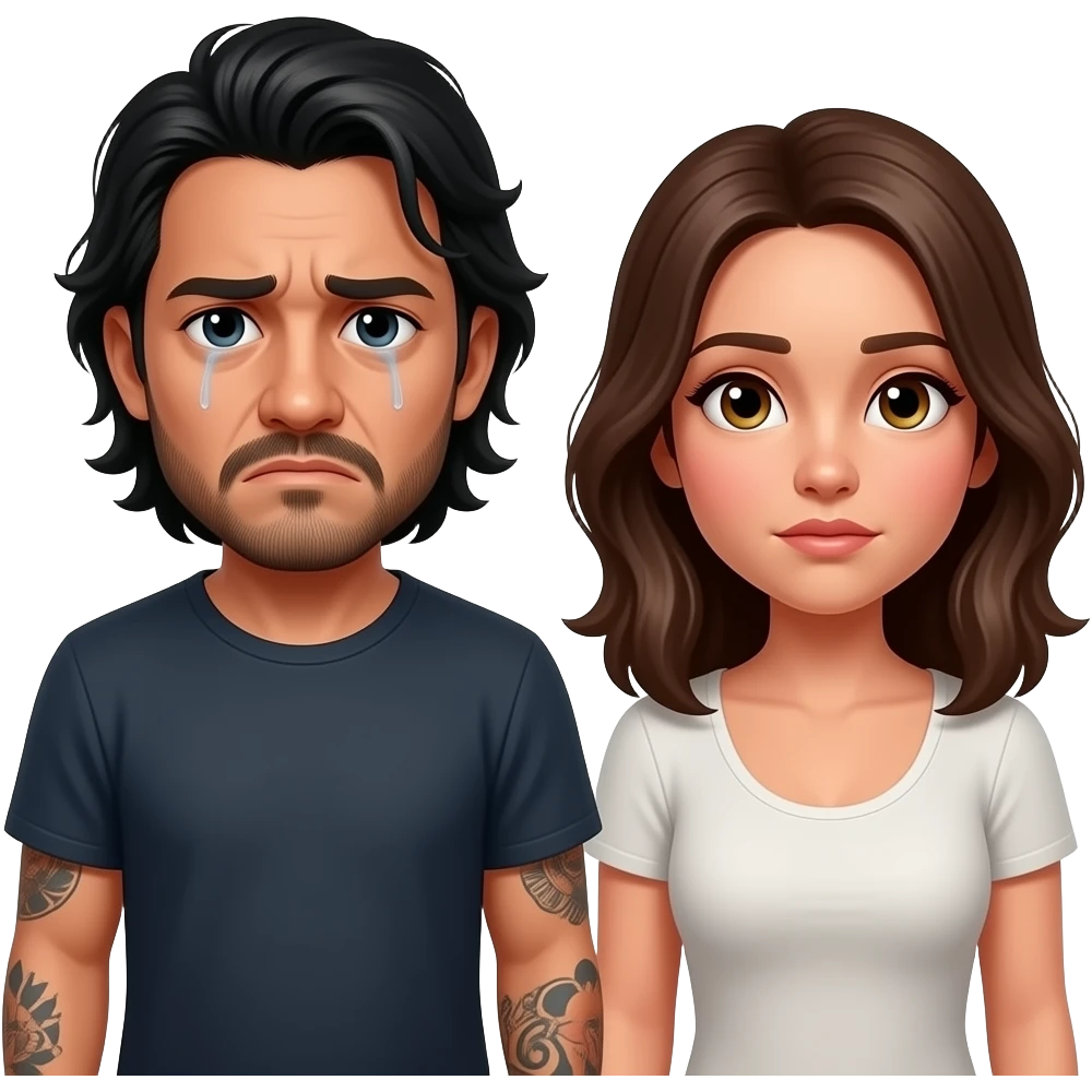 A really sad but angry Latino husband with medium length hair and beard and tattoos found out his wife was cheating on him with a bald, red bearded guy, and his wife is beautiful with hazel eyes and shoulder length brown hair and their relationship is broken emoji