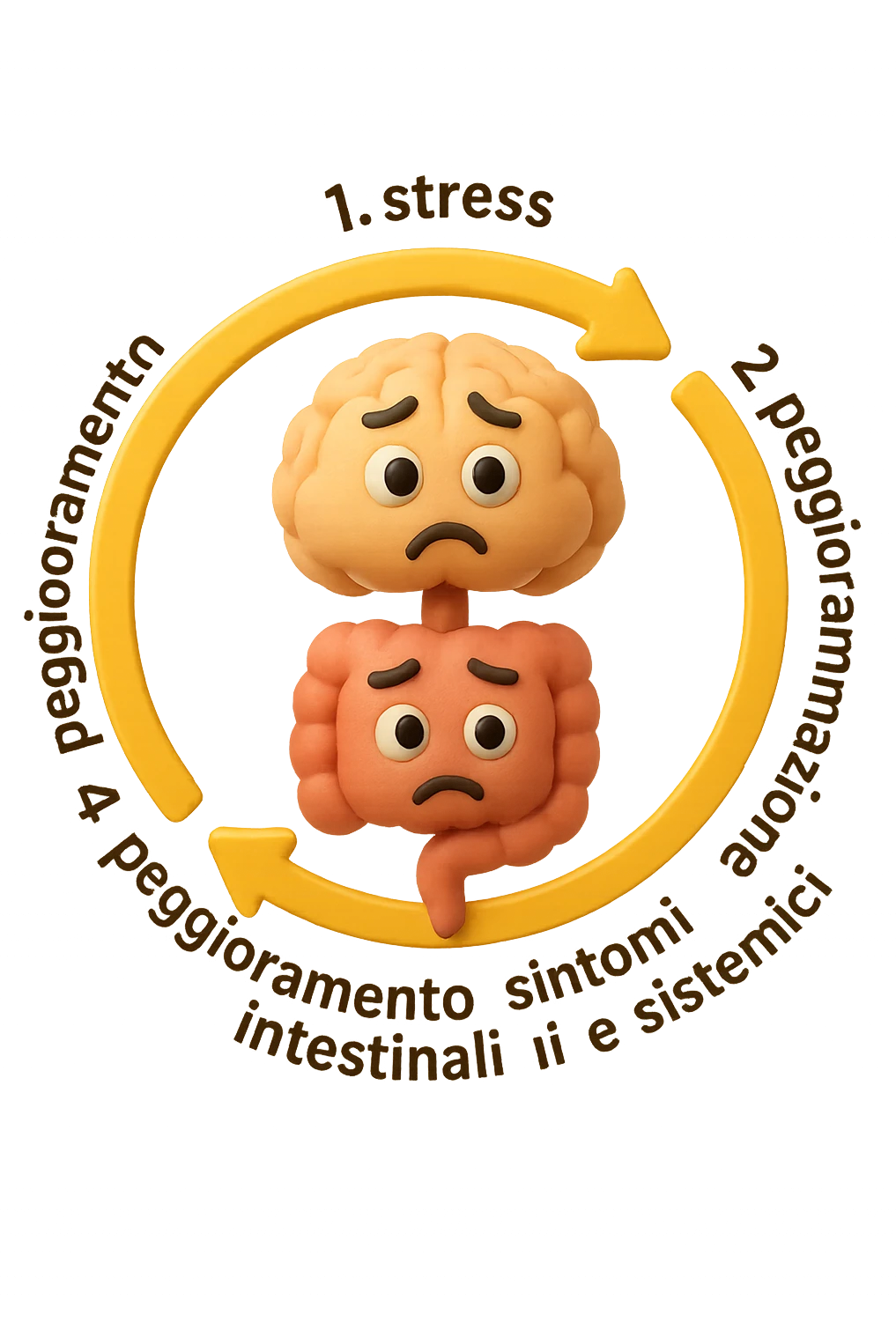 EMOJI STILE IPHONE 3D DI un cerchio con queste scritte che girano intorno in ordine per come li ho scritti "1. stress → 2. peggioramento intestinale → 3. aumento infiammazione → 4. peggioramento sintomi intestinali e sistemici." al centro del cerchio metti un cervello e intestino umani collegati verticalmente con espressione dubbiosa in volto, FALLO MOLTO REALISTICO IN 3D emoji