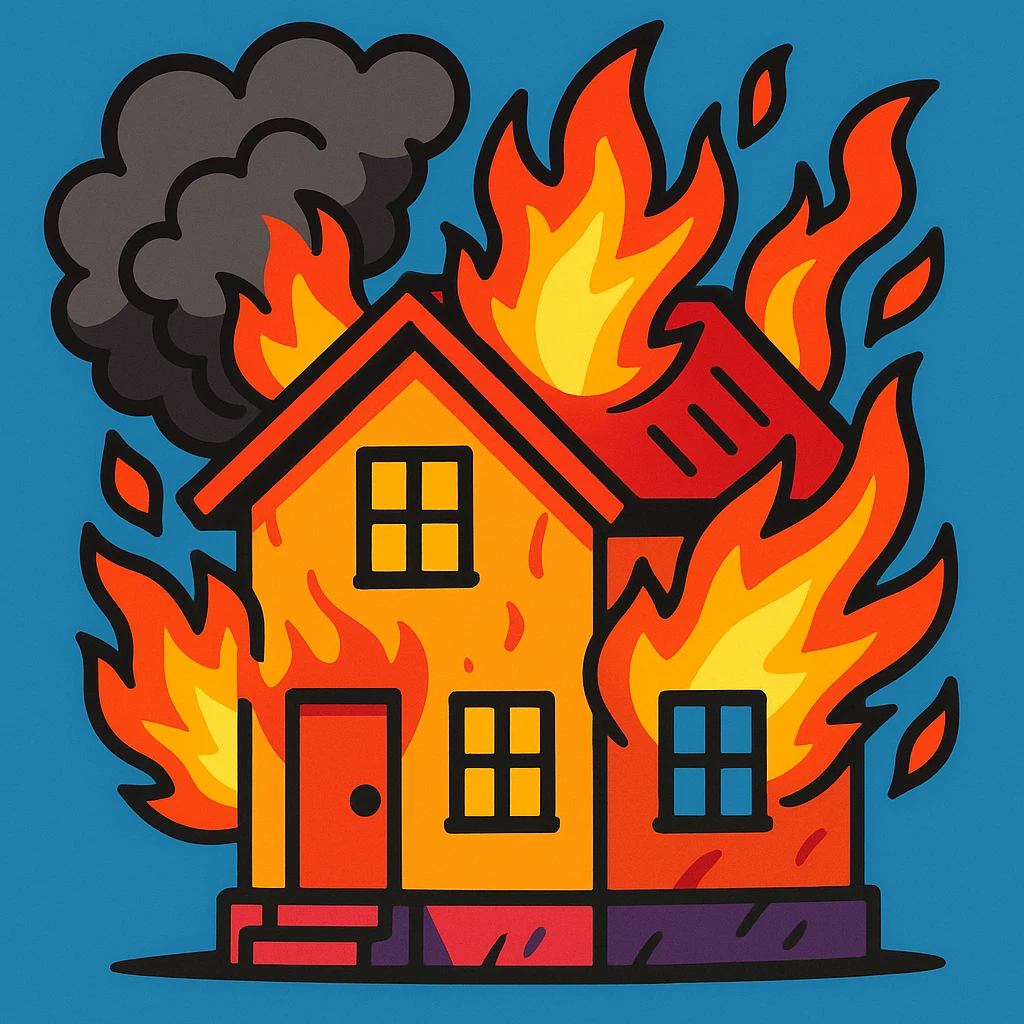 a house with smoke and fire, expressive illustration, dynamic, bold colors emoji