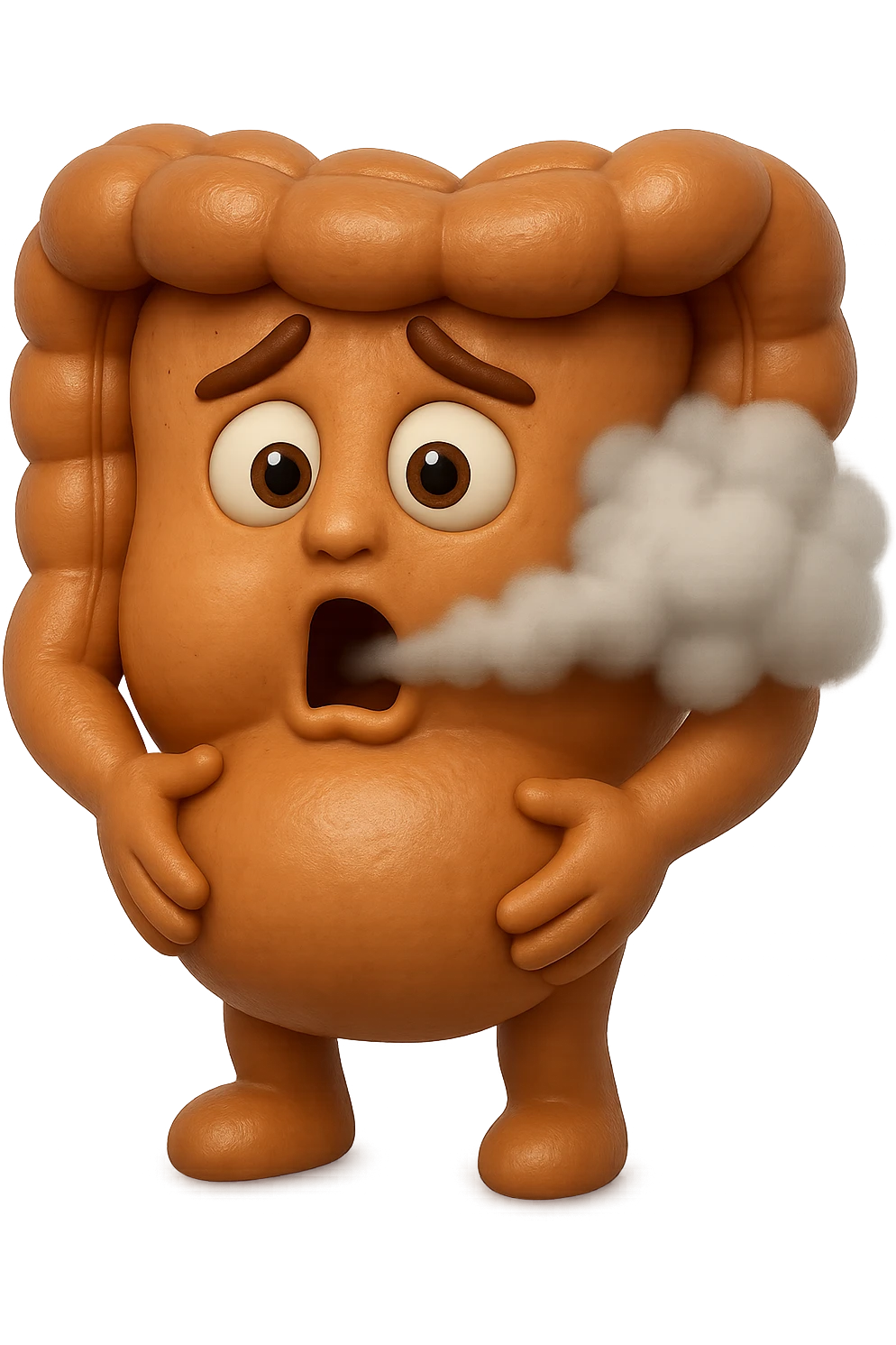 emoji stile iphone di un intestino che ingoia una nuvoletta di aria ben visibile e gli si gonfia la pancia, iperrealistico 4k emoji