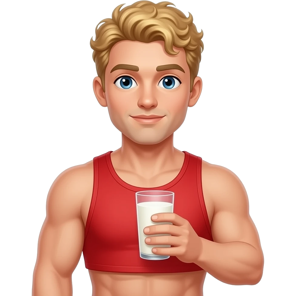 Muscle man with blonde curly hair in red colored bikini top and thong bottom holding a glass of milk emoji