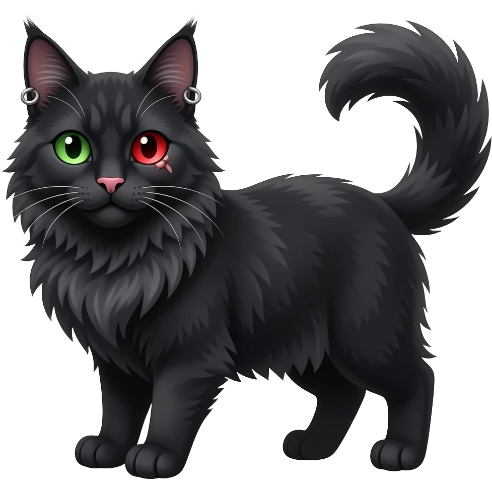 black mainecoon cat with one green eye and one red eye with scar over it and a pink nose and piercings on ears emoji
