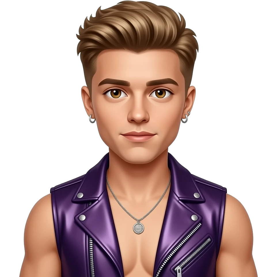 Justin Bieber with brown eyes, golden brown hair, dark purple metallic vest, shirtless with necklace and earrings emoji