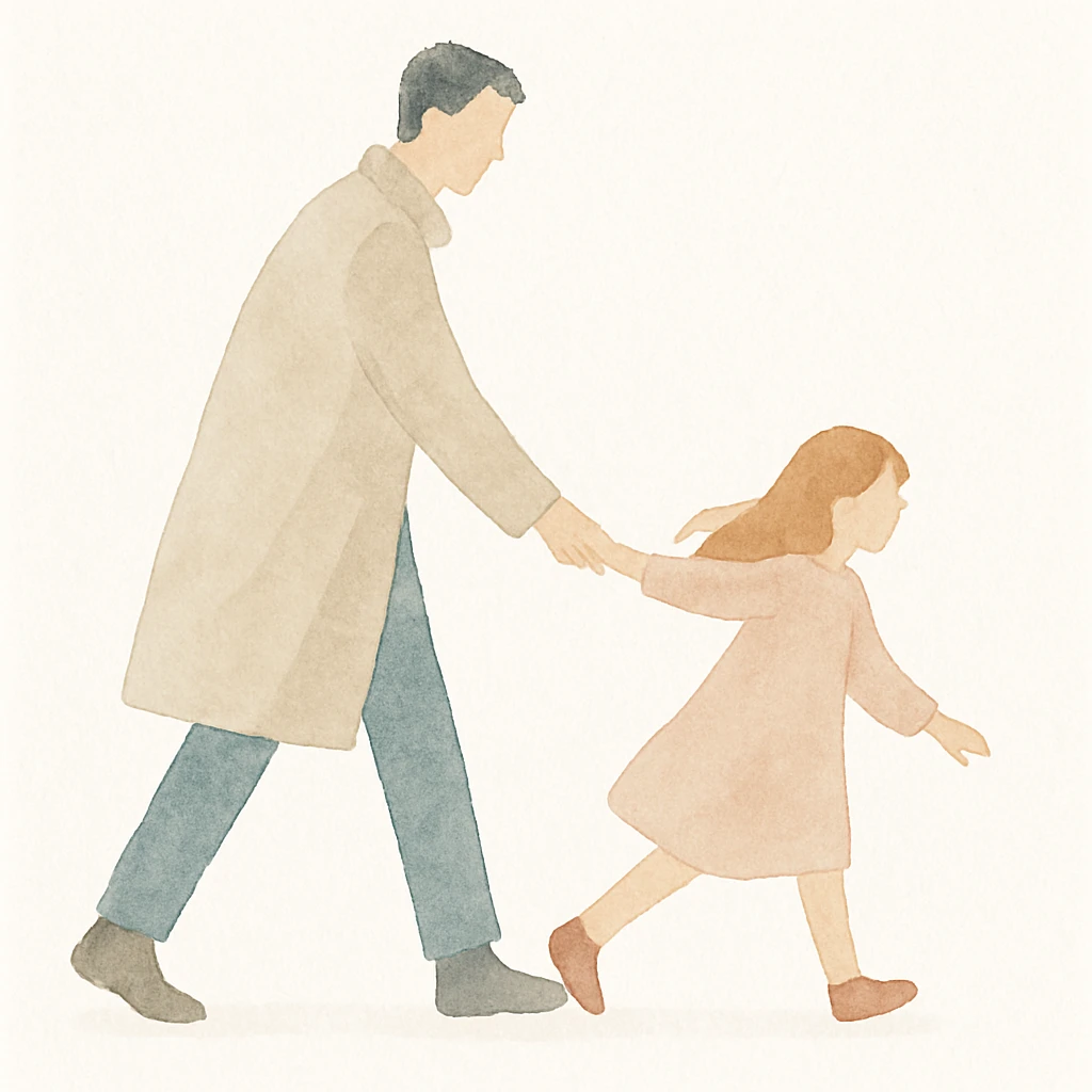 a man in a trench coat dragging a girl, rendered in watercolor art style emoji